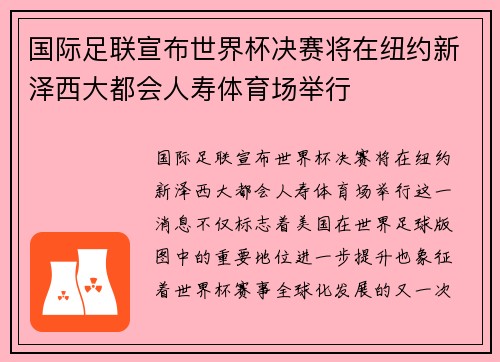 国际足联宣布世界杯决赛将在纽约新泽西大都会人寿体育场举行 国际足联宣布世界杯决赛将在纽约新泽西大都会人寿体育场举行
