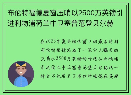 布伦特福德夏窗压哨以2500万英镑引进利物浦荷兰中卫塞普范登贝尔赫 布伦特福德夏窗压哨以2500万英镑引进利物浦荷兰中卫塞普范登贝尔赫